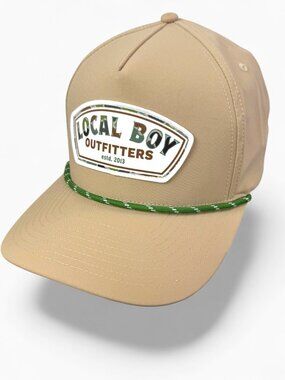 Local Boy Outfitters Tan High Profile Structured Rope Hat Green Cord Camo Patch